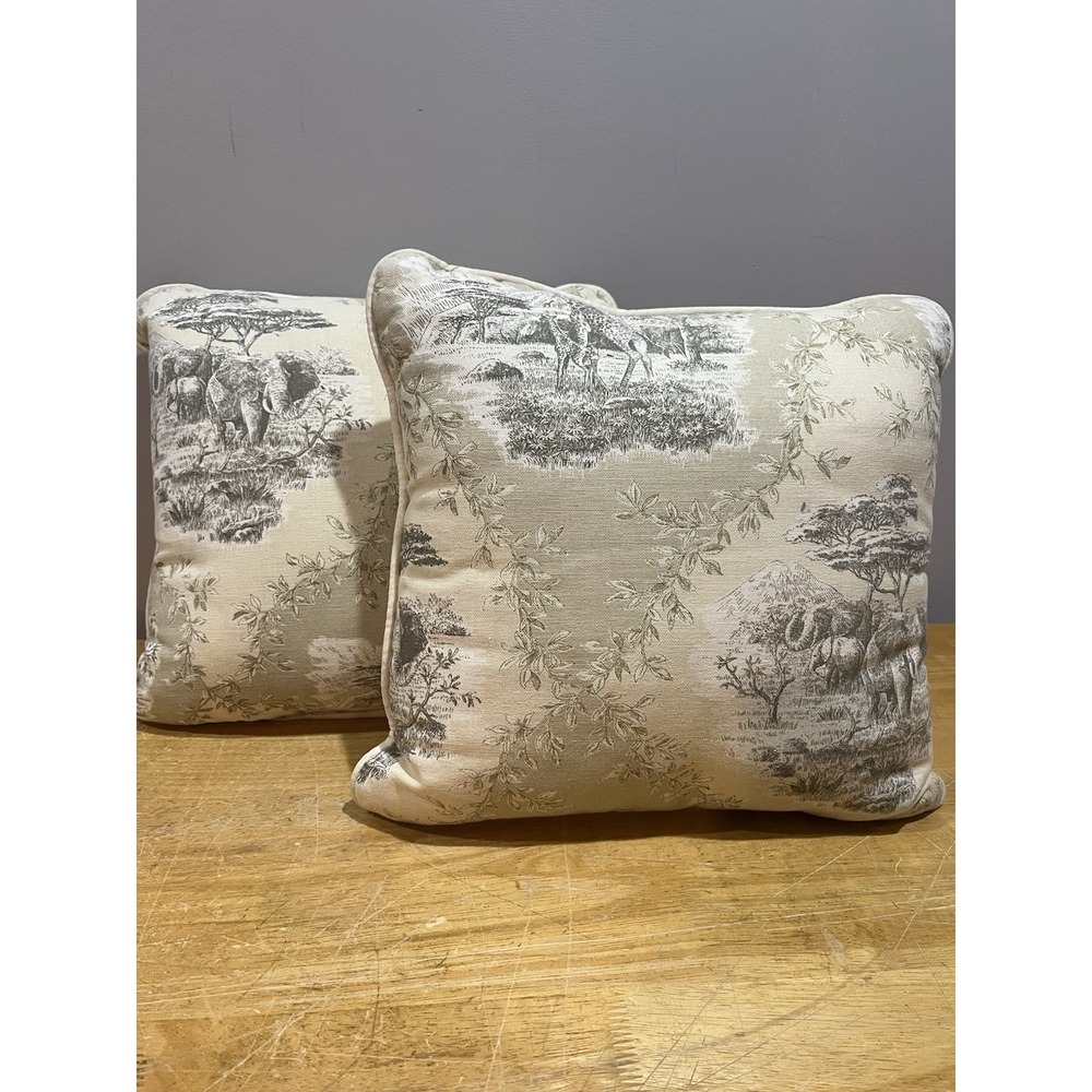 Waverly Safari Toile 16" Square (2) Throw‎ Pillows Elephant Giraffe Africa